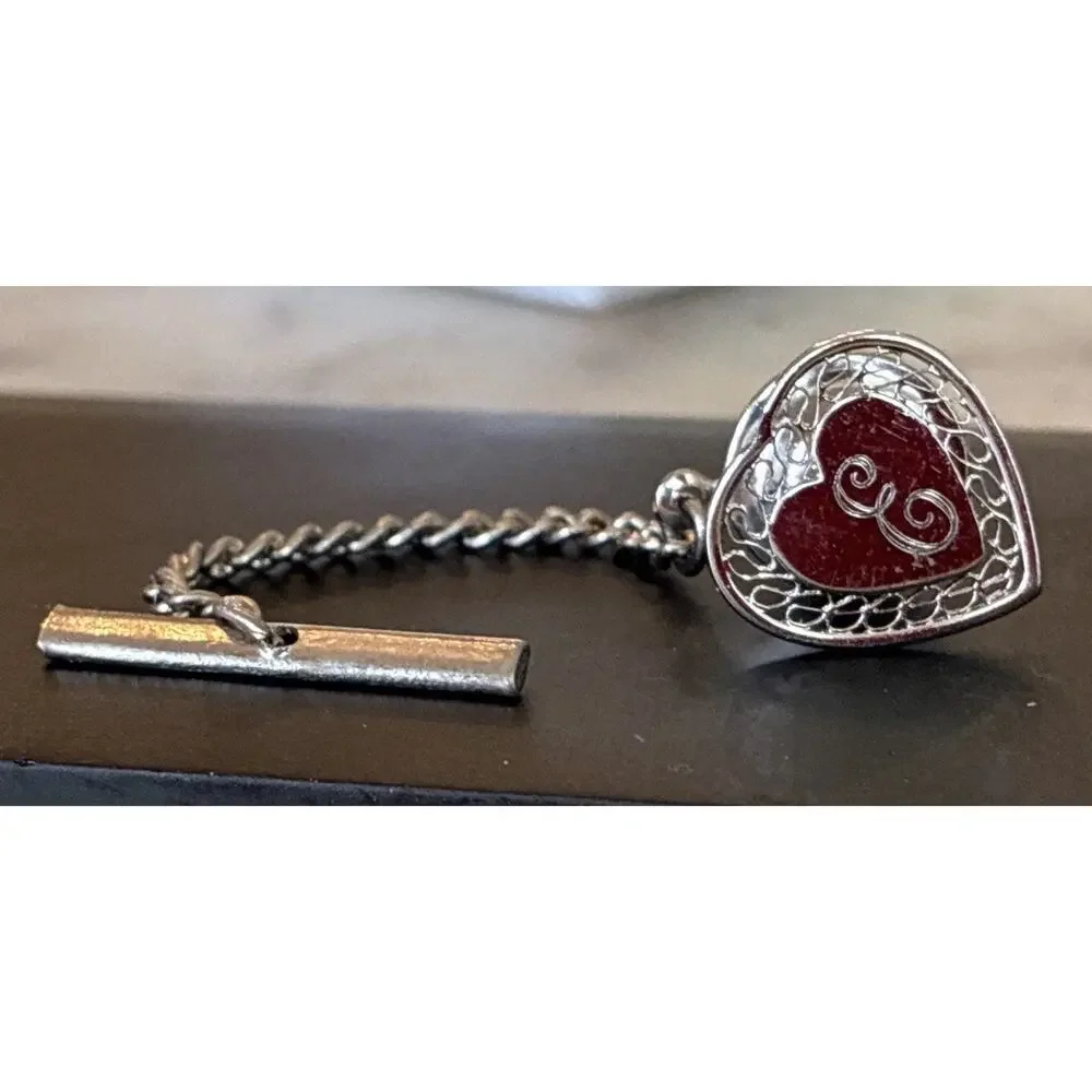 Filagree Heart ‘E’ Monogram Tie Tack Silver Tone Classic Unisex VTG L2